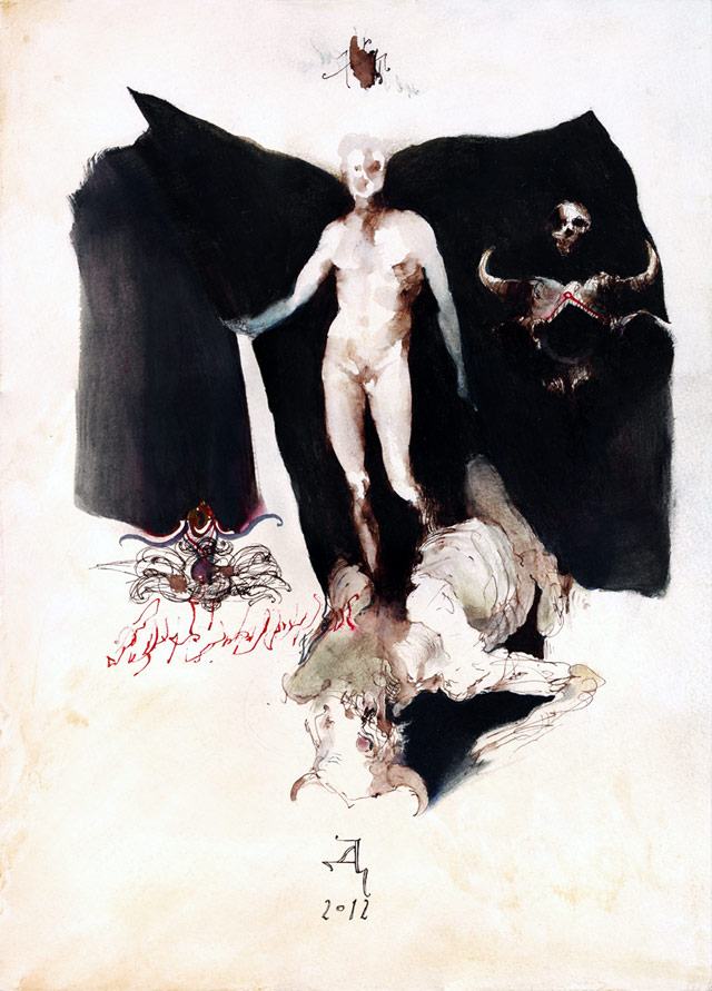 DENIS FORKAS 'Mythological sketches (Theseus II)', 2012, Ink and watercolour on tinted paper, 41.5 x 29.5 cm