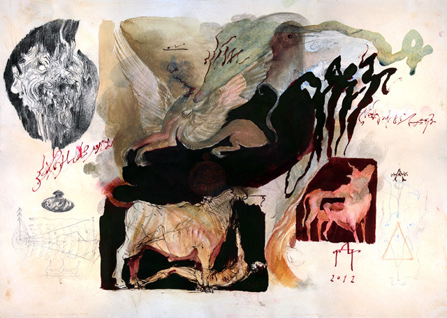 DENIS FORKAS 'Sheet of studies: Huwawa, a headless sphinx, Theseus and Asterion, incantations', 2012 Graphite, bodycolour, ink and watercolour on paper, 29.5 x 41.5 cm