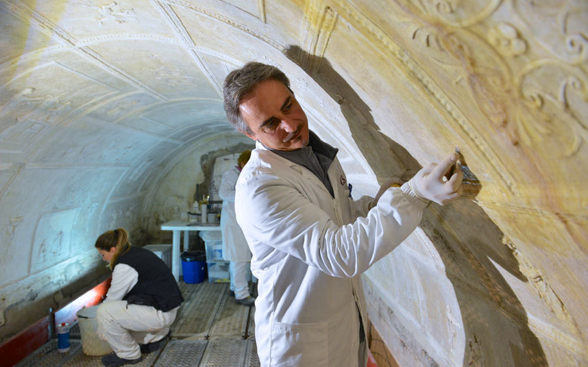 Riccardo Mancinelli, technical director of the team in charge of restoring stucco figures on the walls of the pre-Christian, 1st century, underground basilica of Porta Maggiore. Photo: Chris Warde-Jones/The Telegraph